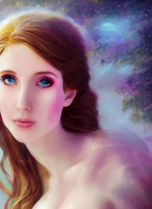 Image similar to of ethereal fantasy, young beautiful Amouranth, elegant, ethereal dreamy light, art by James Jeani