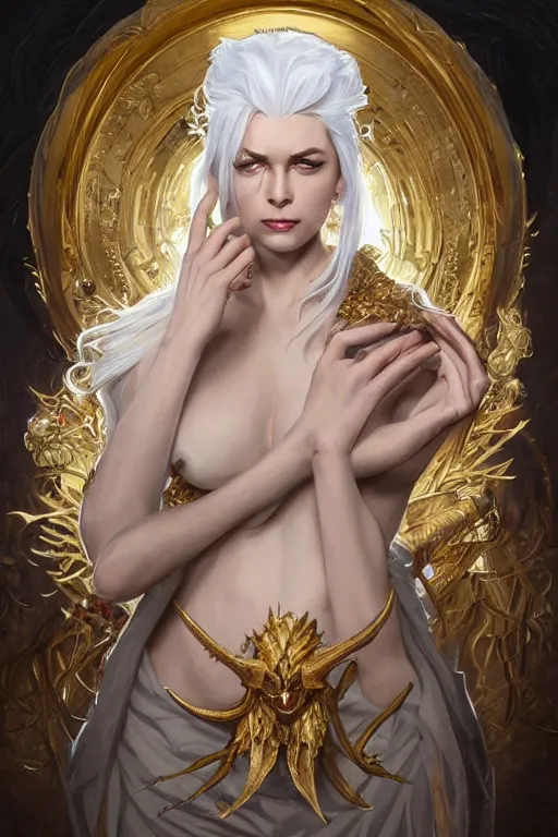 Prompt: fullbody!! beautiful woman with white hair, big natural horns on her head, gold jewellery, dynamic pose, dnd, face, fantasy, intricate, elegant, highly detailed, digital painting, artstation, concept art, smooth, sharp focus, illustration, art by artgerm and greg rutkowski and alphonse mucha