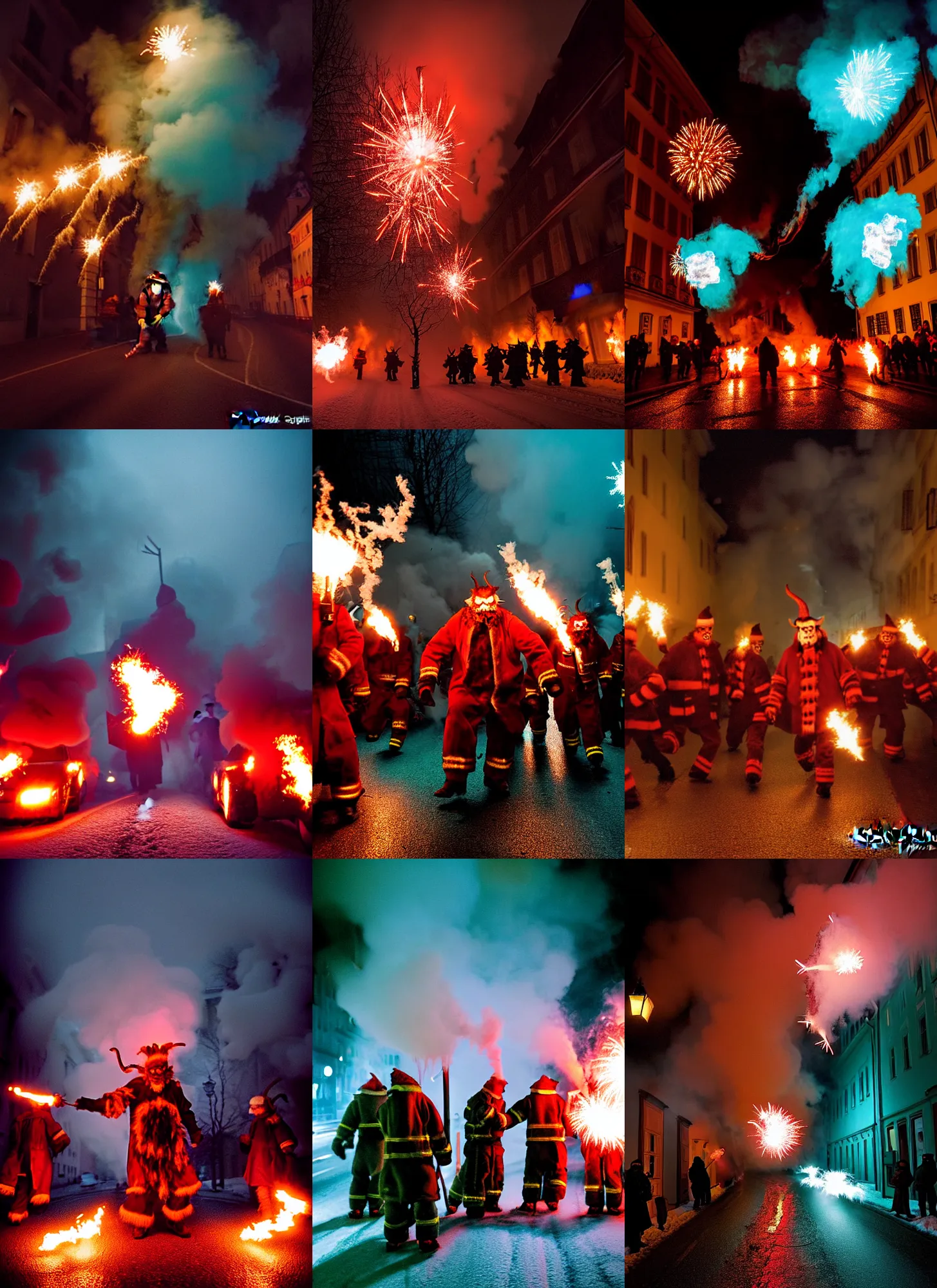 Prompt: kodak portra 4 0 0, winter, hellfire, award winning dynamic photograph of a bunch of hazardous krampus between exploding fire barrels by robert capas, motion blur, in a narrow lane in salzburg at night with colourful pyro fireworks and torches, teal lights