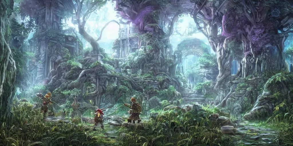 Image similar to ancient magical overgrown ruins, mysetrious etherial mesmerizing atmosphere, beautiful lighting, childhood wonder and nostalgia, extremely intricate, hyper detailed, hd, legend of zelda, masterpiece