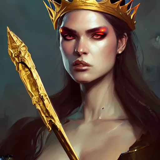 Prompt: lizardprincess with crown and golden sword, bloody eyes, by greg rutkowski and artgerm, very detailed, sharp focus, magic the gathering, 8 k, intricate, dramatic