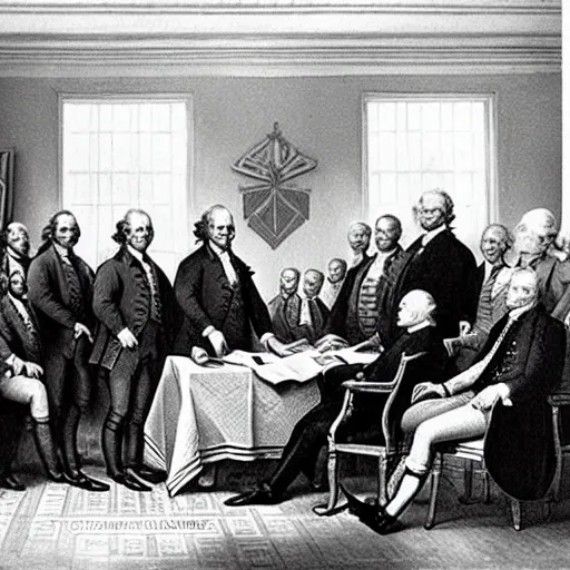 Prompt: old photograph of among us at the signing of the declaration of independance