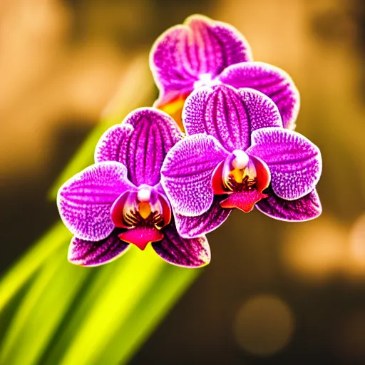 Image similar to Colorful orchid flower blossoming, climax, overwhelming, brilliant, cinematic, epic, 8k, sharp focus, color grain 35mm, tilt-shift, dslr