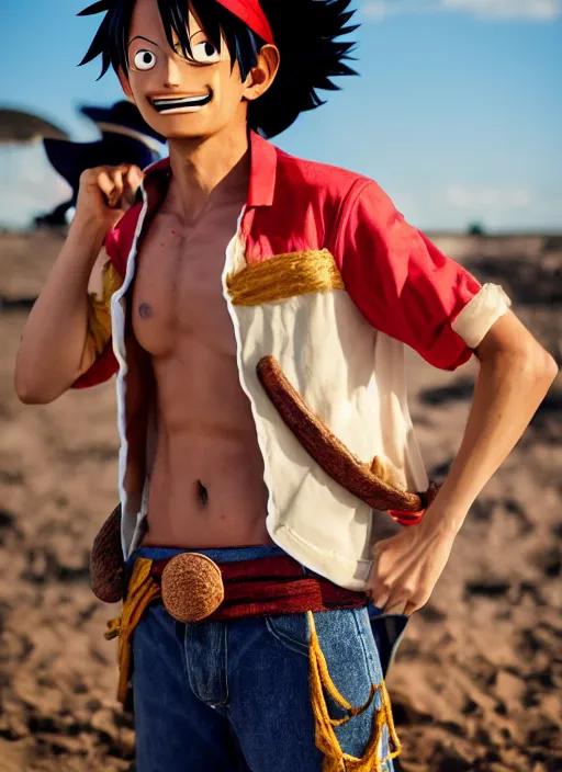 Image similar to A full portrait photo of real-life luffy one piece, f/22, 35mm, 2700K, lighting, perfect faces, award winning photography.