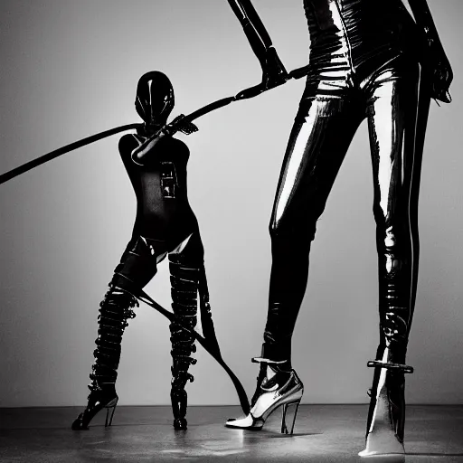 Image similar to fashion photography of an extraterrestrial model, holding a leather whip, wearing demobaza fashion, inside berghain, berlin fashion, harness, futuristic fashion, dark minimal outfit, photo 3 5 mm leica, hyperdetail, berghain, 8 k, very detailed, photo by nick knight