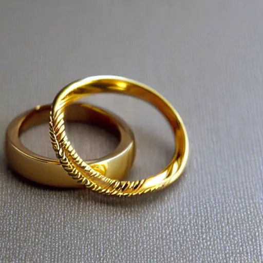 Prompt: gold wedding rings, thin, twist in the middle, white background