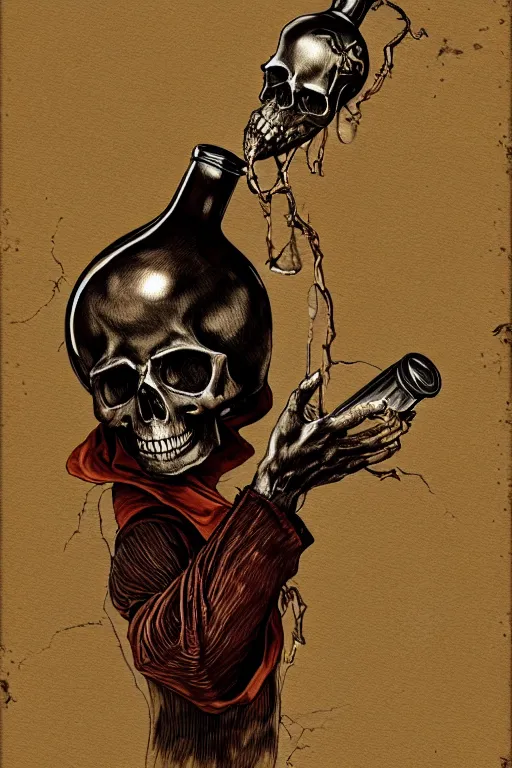 Prompt: Old alchemic manuscript detailing death with skull face holding broken wine bottle,intricate, elegant, highly detailed, digital painting, artstation, concept art, smooth, sharp focus, illustration, art by Ilja Repin