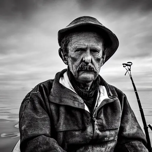 Prompt: dark intense fisherman portrait victorian black and white, realistic