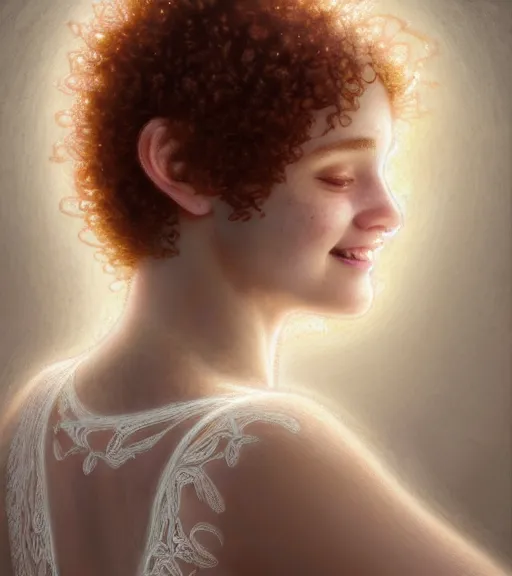 Image similar to portrait of teenage aphrodite, light freckles, curly copper colored hair, smiling kindly, wearing an embroidered white linen dress with lace neckline, intricate, elegant, mother of pearl jewelry, glowing lights, highly detailed, digital painting, artstation, concept art, smooth, sharp focus, illustration, art by wlop, mucha, artgerm, and greg rutkowski