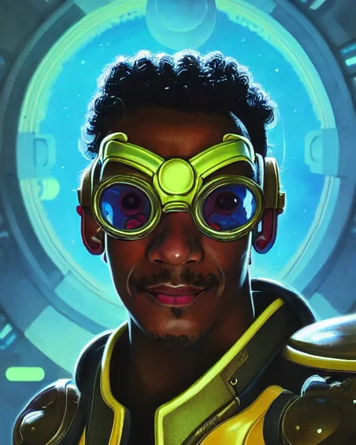 Image similar to lucio from overwatch, character portrait, portrait, close up, concept art, intricate details, highly detailed, vintage sci - fi poster, retro future, in the style of chris foss, rodger dean, moebius, michael whelan, and gustave dore