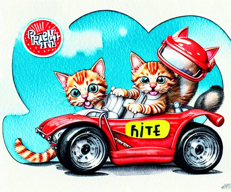 Image similar to cute and funny, kitten wearing a helmet riding in a tiny hot rod with oversized engine, ratfink style by ed roth, centered award winning watercolor pen illustration, isometric illustration by chihiro iwasaki, edited by range murata, tiny details by artgerm and watercolor girl, symmetrically isometrically centered