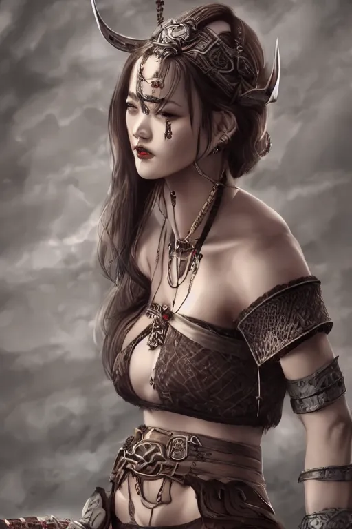 Prompt: heroine, beautiful, full body portrait, thin but strong viking samurai woman, open shirt, 6 pack, symmetrical beautiful face, relaxed pose, ultra detailed, digital art, 8 k, character, realistic, hyperrealistic