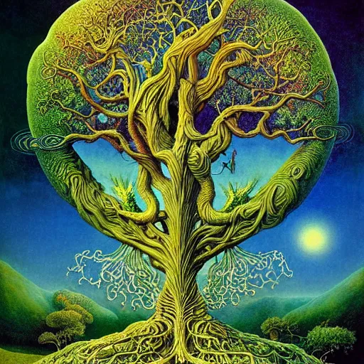 Image similar to sacred ancient ancestral mulberry tree by roger dean and andrew ferez, art forms of nature by ernst haeckel, divine chaos engine, symbolist, visionary, art nouveau, botanical fractal structures, tree of life, lightning, detailed, realistic, surreality