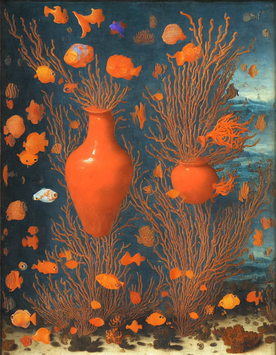 Image similar to bottle vase of coral under the sea decorated with a dense field of stylized scrolls that have opaque outlines enclosing mottled blue washes, with orange shells and purple fishes, ambrosius bosschaert the elder, oil on canvas