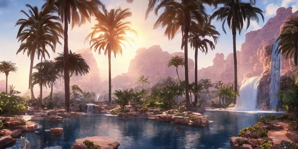 Image similar to beautiful oasis waterfalls surrounded by palm trees, Moroccan tile archways, date trees, ivory towers, sun setting, ross tran, nephilim, pyroclastic flow, ethereal, fantasy, James Jean, oozium, peter morbacher, angelarium, alchemy, luxury, heavenly light, Soft illumination, Trending on artstation, Cinematic Lighting, digital painting, octane render, artgerm