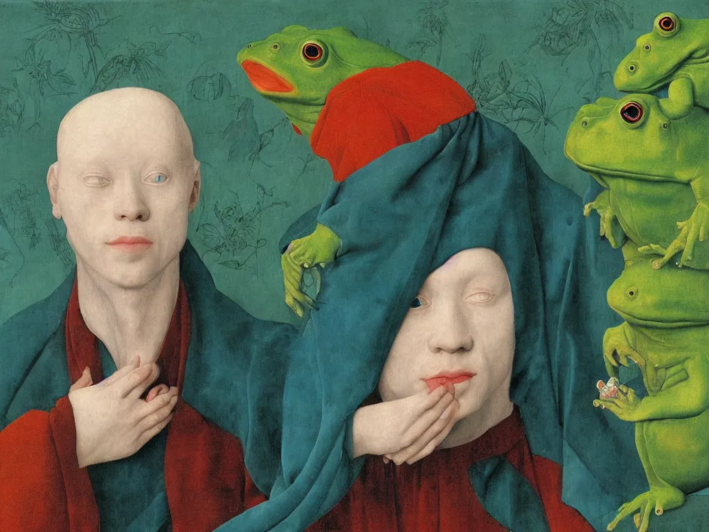 Prompt: Portrait of albino mystic with blue eyes, with beautiful exotic melancholy frog. Painting by Jan van Eyck, Audubon, Rene Magritte, Agnes Pelton, Max Ernst, Walton Ford