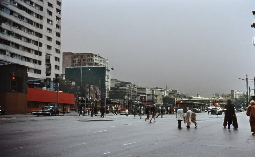 Image similar to 70s movie still of a sovietic street with pedestrians with soviet highrise in the backround , Cinestill 800t 18mm ektachrome color, heavy grainy picture, very detailed, high quality, 4k panoramic, HD criterion, dramatic lightning, streetlight at night, rain, gigantic marx portraits on the walls