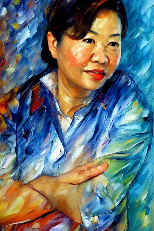 Image similar to palette knife oil painting portrait of police psychiatrist tracy wong, extreme detail, style by leonid afremov and degas, artstation trending, artgerm, deviant art, octane, substance, art history 8 k