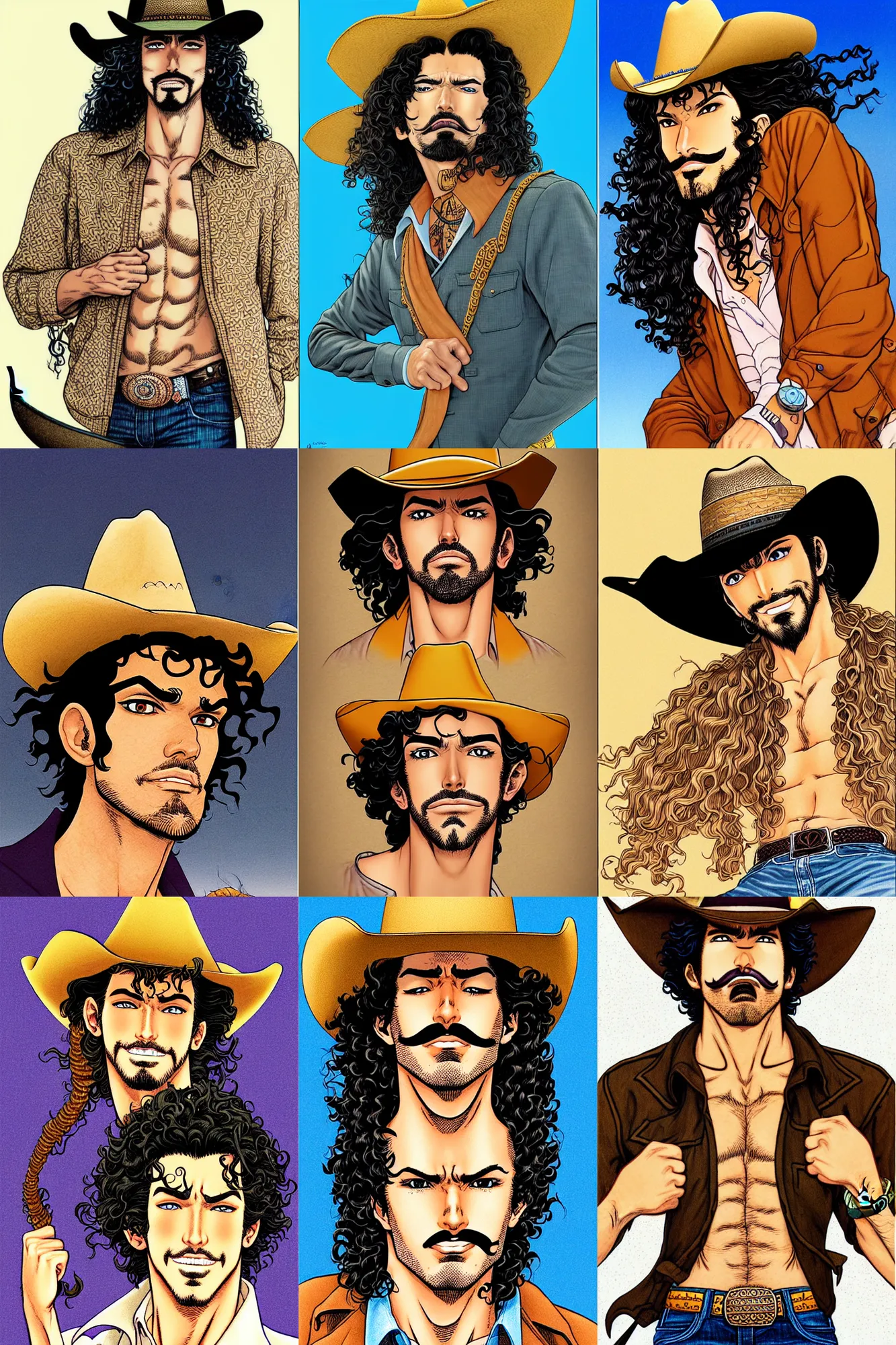 Prompt: illustration of a handsome!! man with long black curly hair, tan skin, anchor goatee | wearing a cowboy hat | art by hirohiko araki & jean giraud & artgerm & jack kirby