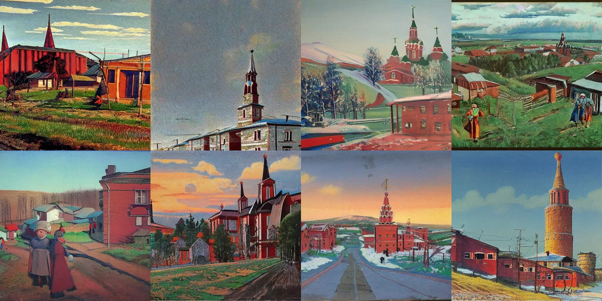 Prompt: beautiful future, russian village, view from the eyes, soviet realism style