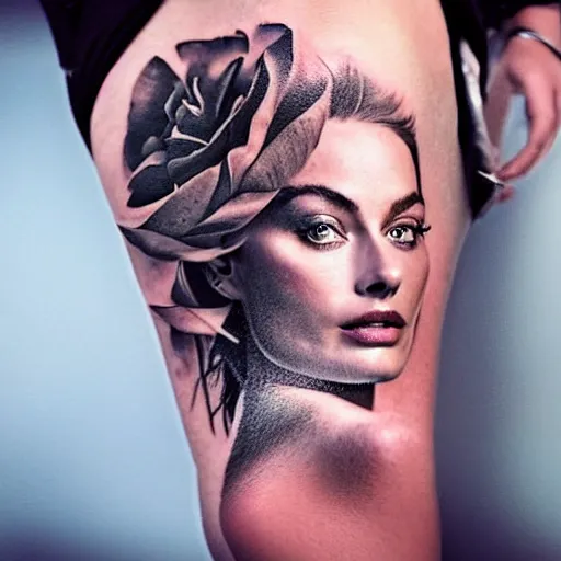 Image similar to tattoo design sketch with double exposure effect, margot robbie face and beautiful mountains, in the style of matteo pasqualin, amazing detail