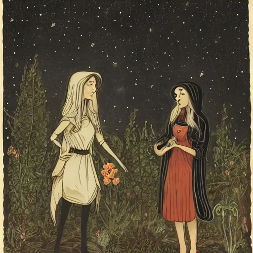 Image similar to a tall goth brunette woman in a black hooded cloak, standing beside a short butch blonde tomboy woman engineer, in a garden at night, soft and romantic, illustration, highly detailed, dark muted colors, constellations