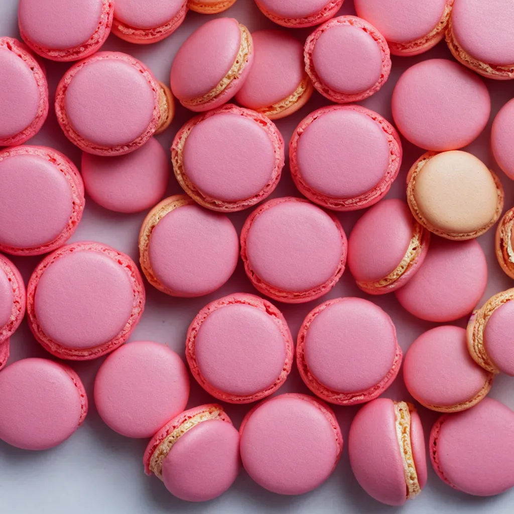 Image similar to top-down view of macarons on top of a pink surface, 8k, high detail, photorealistic, proper shading