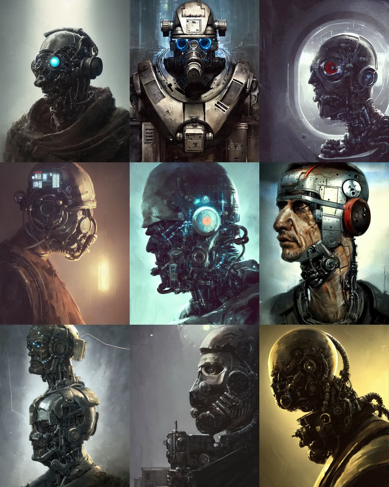 Prompt: a half - masked rugged laboratory overseer man with cybernetic enhancements as seen from a distance, scifi character portrait by greg rutkowski, esuthio, craig mullins, 1 / 4 headshot, cinematic lighting, dystopian scifi gear, gloomy, profile picture, mechanical, cyborg, half robot, implants, dieselpunk