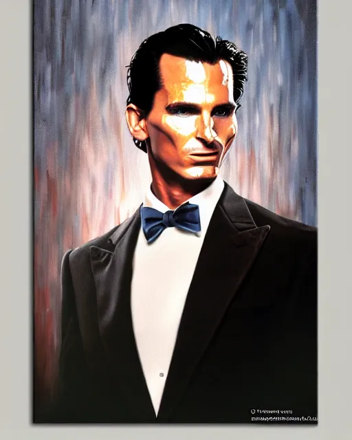 Image similar to oil painting portrait of patrick bateman christian bale american psycho, cinematic lighting, high production value, intricate details, high resolution, hdr, high definition, masterpiece, realistic, ultrarealistic, highly detailed, hd, sharp focus, non blurry, sharp, smooth