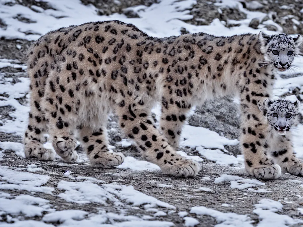 Prompt: A photograph of a baby snow leopard walking in the snow .560mm,ISO400,F/9,1/320,Canon EOS 7D Mark II.