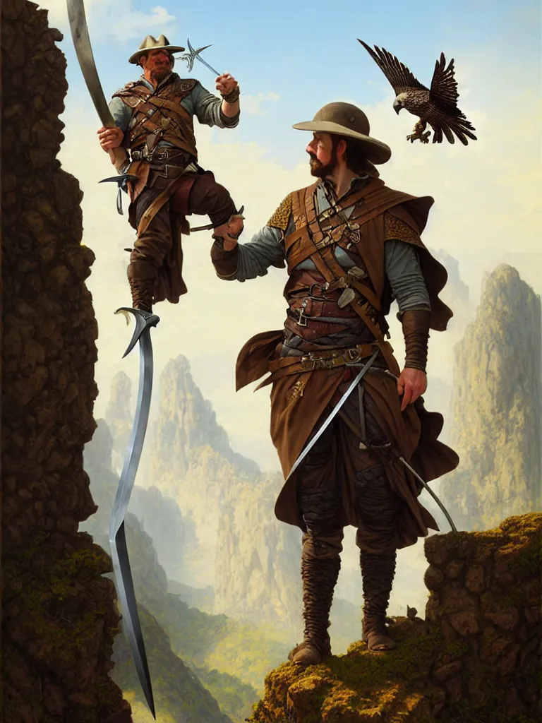 Prompt: middle age ranger with rugged expresions falcon pet on his sholder holding a long sword, top a cliff observing old ruins of a castle, elegant clothing, photorealistic render, matte patining, highly detailed, artstation, smooth, sharp focus, art by michael whelan, artgerm, greg rutkowski and alphonse mucha