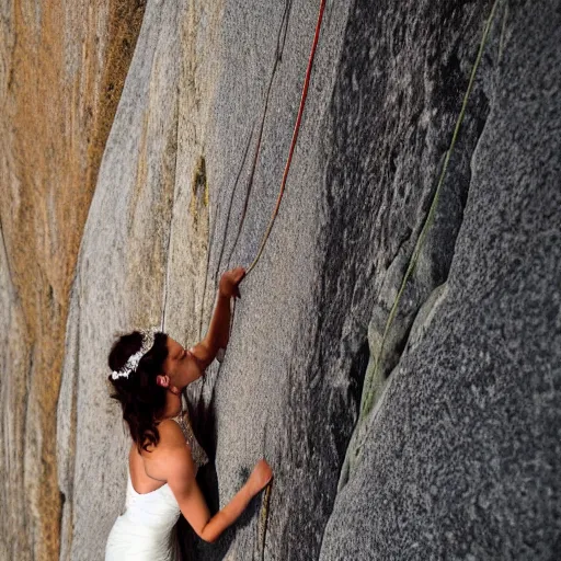 Image similar to Ultra realistic close-up of Frida Kahlos face wearing a wedding dress rock climbing a steep wall, hd