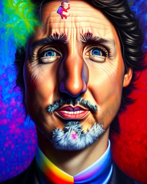 Image similar to detailed portrait of justin trudeau colorful socks!!! by tomasz alen kopera and peter mohrbacher and johanna martine! and margaret keane! coherent luminescent