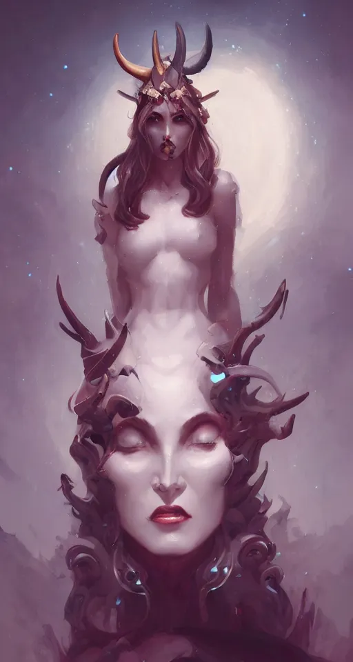 Prompt: a digital painting of a woman with horns on her head, concept art by peter mohrbacher, featured on cgsociety, fantasy art, cosmic horror, artstation hd, dark and mysterious