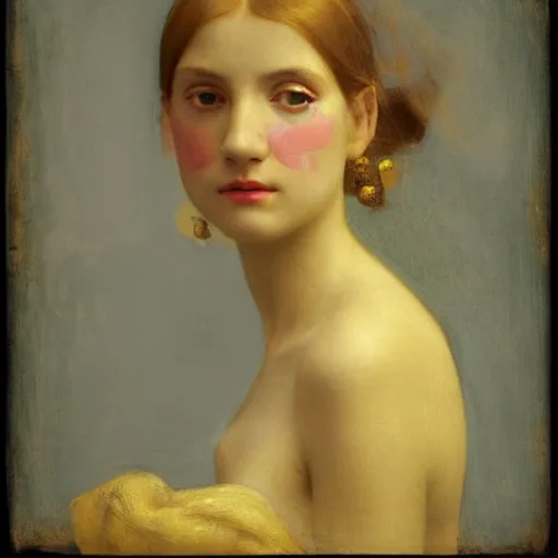 Image similar to a beautiful girl's face made of ivory and gold filigree, daguerreotype by edward hopper, by Bosch, by klimt, by Pontormo, art noveau, highly detailed, strong lights, liminal, eerie, Bright pastel colors, octane render, 8k