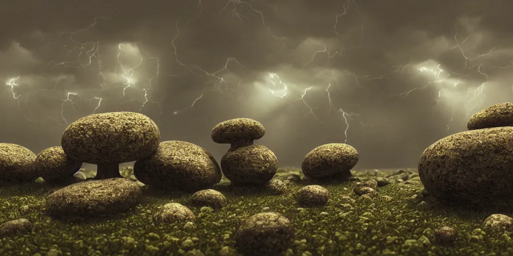 Image similar to Photorealistic crowd of fungus people made from fungus. Magically floating rocks, with ominous storm clouds, strange levitating stones, stones falling from the sky, a gentle rising mist. occult photorealism, UHD, amazing depth, glowing, golden ratio, 3D octane cycle unreal engine 5, volumetric lighting, cinematic lighting, cgstation artstation concept art