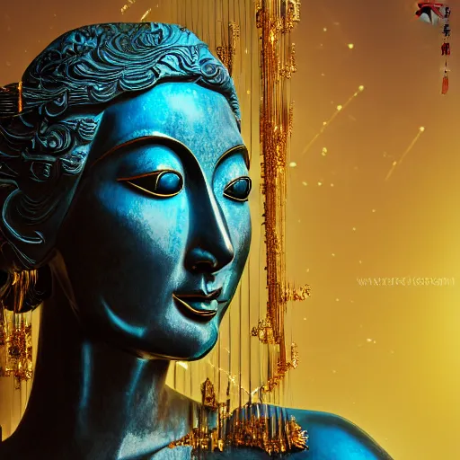 Prompt: impressionistic painting of teal chinese abstract statue shattered standing in god rays, beautiful female body and golden glue dripping acrylic portrait, mechanical superstructure, sacred geometry, supermodel body, beautiful light, statue of carving marble, intricate 8 k render, dark mood, cinematic light, golden spirals, clockwork