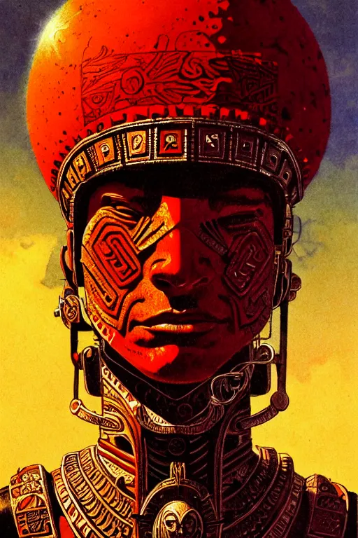 Prompt: aztec warrior, character portrait, portrait, close up, concept art, intricate details, highly detailed, blood moon background, soft light, vintage sci - fi poster, in the style of chris foss, rodger dean, moebius, michael whelan, and gustave dore