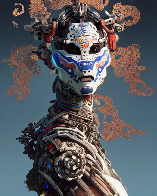 Image similar to portrait of a machine from horizon zero dawn, machine face, upper body, decorated with chinese opera motifs, asian, traditional chinese art, intricate, elegant, highly detailed, digital painting, artstation, concept art, smooth, sharp focus, illustration, art by artgerm and greg rutkowski and alphonse mucha, 8 k