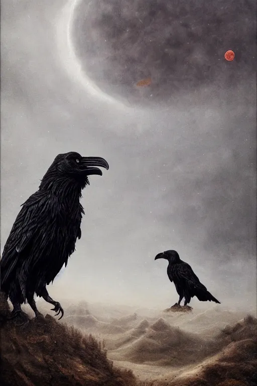 Prompt: Intricate stunning highly detailed surreal ravens by agostino arrivabene and Seb McKinnon, sculpture, ultra realistic, Horror, full moon, blood moon, thick swirling particle smoke tornado, fire embers, trending on artstation