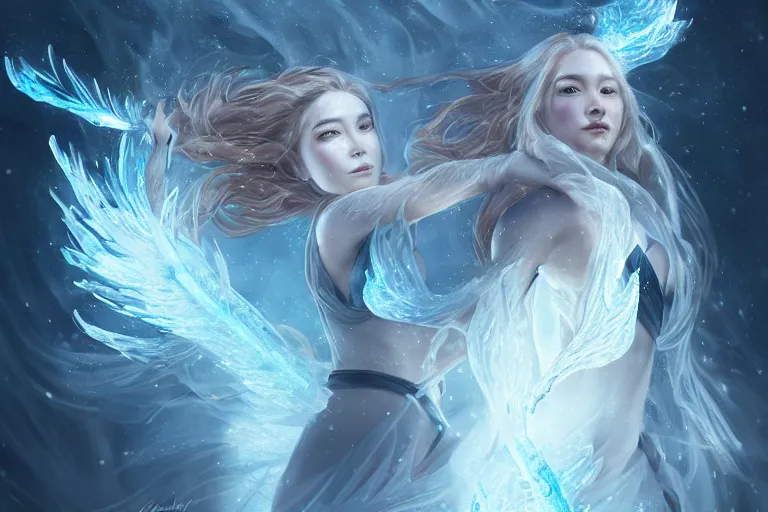 Image similar to beautiful female ice goddess fighting a beautiful fire goddess, digital painting, intricate, elegant, beautiful volumetric lighting, icicle, fire art by Leesha Hannigan, Ross Tran, Thierry Doizon, Kai Carpenter, Ignacio Fernández Ríos