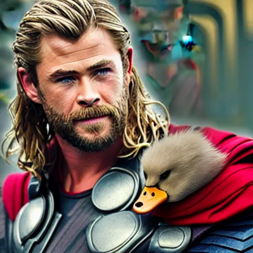 Image similar to chris hemsworth as thor holding a duck, highly detailed, realistic face, 4k, hd