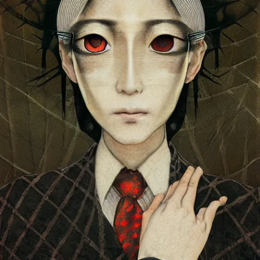 Prompt: yoshitaka amano blurred and dreamy realistic portrait of a woman with black eyes and white hair wearing dress suit with tie, junji ito abstract patterns in the background, satoshi kon anime, noisy film grain effect, highly detailed, renaissance oil painting, weird portrait angle, blurred lost edges, three quarter view