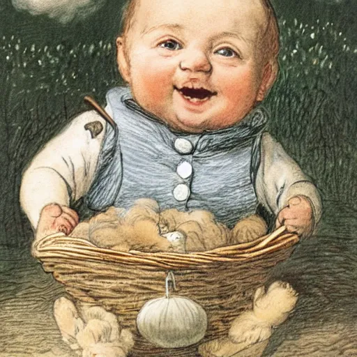 Image similar to candid portrait of baby faced white ball smiling wide, surrounded by clouds, illustrated by peggy fortnum and beatrix potter and sir john tenniel