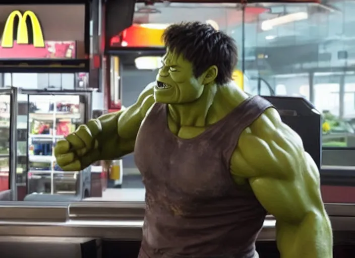 Image similar to film still of hulk working at mcdonalds drive through in the new avengers movie, 4 k