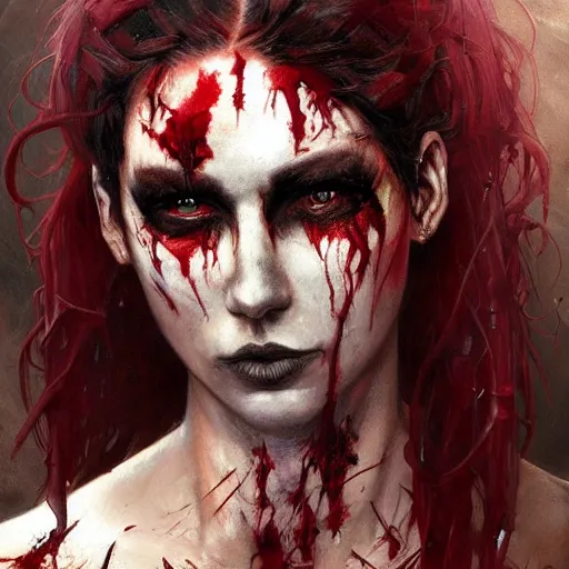 Image similar to character portrait Painting of a futuristic pirate wearing black warpaint and covered in deep red scars, dystopian mood, intricate, wild, highly detailed, digital painting, artstation, concept art, smooth, sharp focus, illustration, art by artgerm and greg rutkowski and alphonse mucha