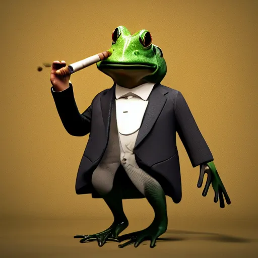 Image similar to a high quality photo of an antropomorphic frog wearing a suit smoking a cigar, 3d scene, render, ultra realistic, artstation, cgsociety