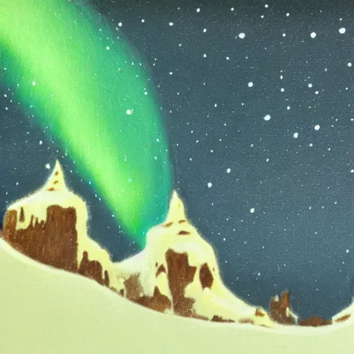 Image similar to northern lights in the art style of Theodor Kittelsen