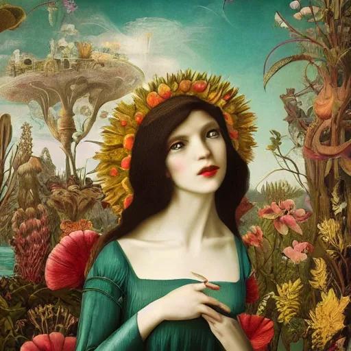 Image similar to a detailed portrait of young woman in renaissance dress and a surreal renaissance headdress, very surreal garden, cyberpunk, surreal tea party, strange creatures, by christian schloe and botticelli, naotto hattori, amy sol, roger dean, moody colors