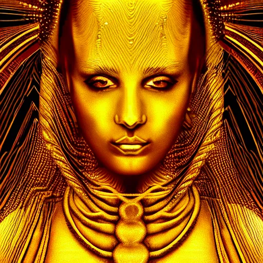 Image similar to cinematic photo of golden godess portrait in the style of Alex grey and davinci